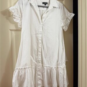 J. Crew White Button-Down Dress with Ruffle Sleeves
